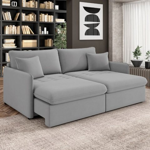 Sofá Cama Retrátil para Sala de Estar 194cm Una K01 Veludo Cinza Claro - Lyam Decor
