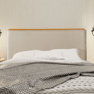 Cabeceira Cama Box Queen 1,60m Estofada Detalhe em Madeira Java Linho Capuccino