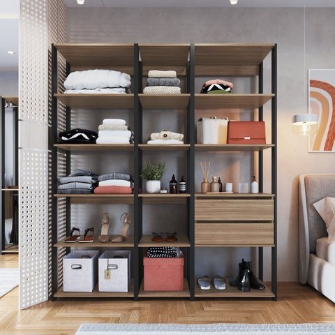 Guarda Roupa Closet 3 Peças com 2 Gavetas e 14 Nichos Easy Bege/Preto/Montana