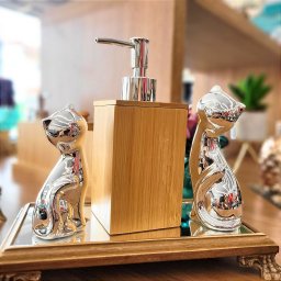 Kit 2 Porta Sabonete Líquido Bambu e Enfeite Casal Gato - 2