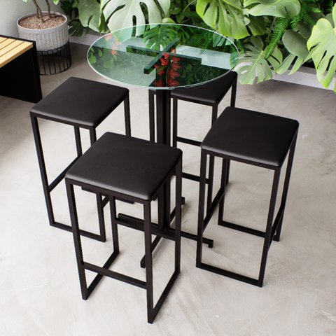 Conjunto Mesa Alta Bar Bistrô Redonda Vidro 4 Bancos Estofado Don Castro Decor