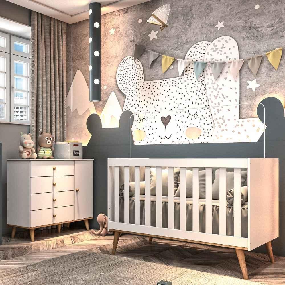 Quarto de Bebê Lígia Retrô Berço 3 em 1 Ludmila Cômoda 4 Gavetas com Porta Branco com Bétula