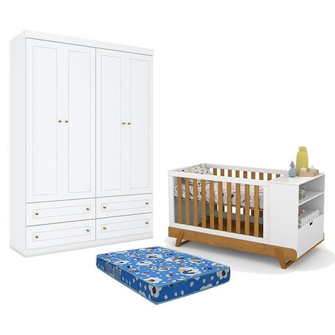 Berço Multifuncional Bkids Branco Freijó Eco Wood - Matic e Guarda Roupa Infantil Americano 4 Porta 