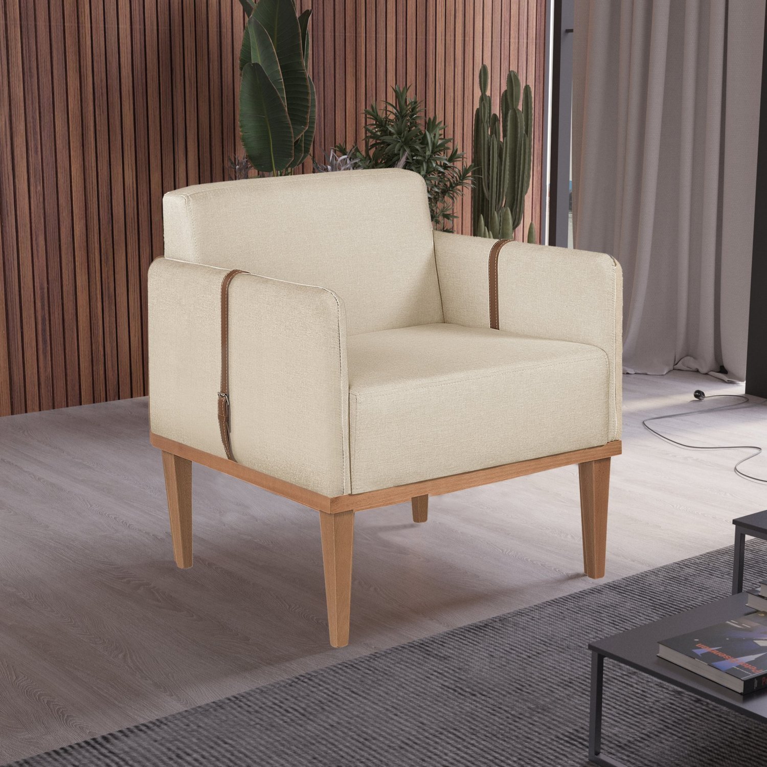 Poltrona em Linho 80cm com Detalhe de Cinto nos Braços Duali - 1