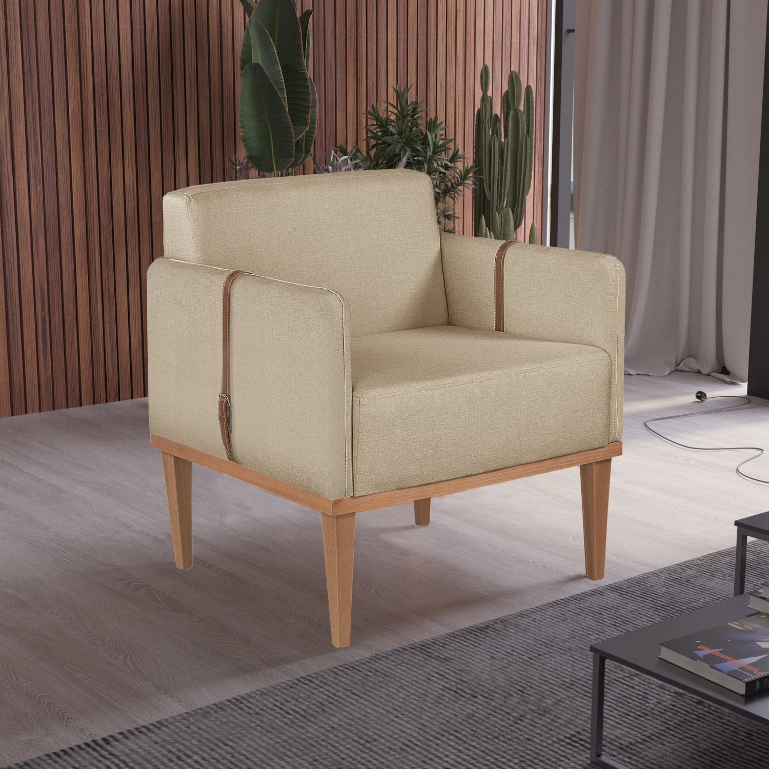 Poltrona em Linho 80cm com Detalhe de Cinto nos Braços Duali - 1