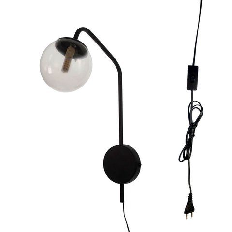 Arandela New Figo Preto C/ Plug e Interruptor - Vidro Transparente