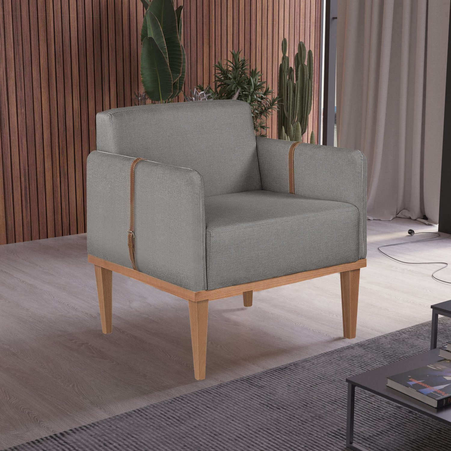 Poltrona em Linho 80cm com Detalhe de Cinto nos Braços Duali - 1