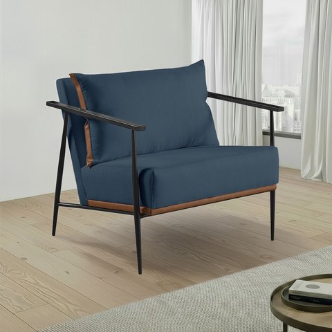Poltrona em Estrutura de Metal, Estofada e Almofada Inclusa Ferco Azul Res_Atr_Linho_Azul