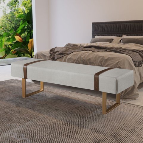 Recamier com Pés de Metal, Fivela em Couro Marrom e Estofado Santir Branco Res_Atr_Linho_Offwhite