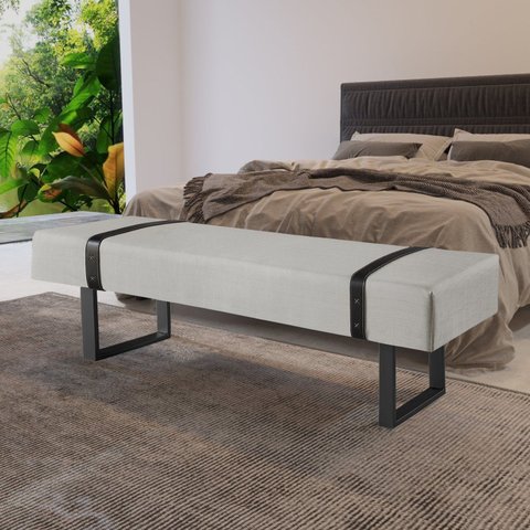 Recamier com Pés de Metal, Fivela em Couro Preta e Estofado Santir Branco Res_Atr_Linho_Offwhite