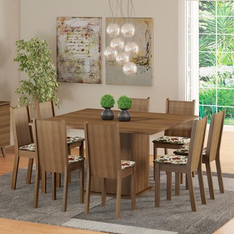 Conjunto Sala de Jantar Madesa Clarice Mesa Tampo de Madeira com 8 Cadeiras - Rustic/floral Hibiscos