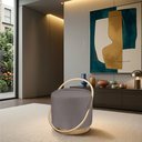 Ver imagem 1 de Puff Redondo com Base Ferro Dourada, Estofado e Detalhe em Arco Lunar Cinza Res_Atr_Linho_Cinza_Dourado