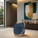Ver imagem 1 de Puff Redondo com Base Ferro Dourada, Estofado e Detalhe em Arco Lunar Azul Res_Atr_Linho_Azul_Dourado