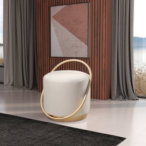 Puff Redondo com Base em Ferro Dourada, Estofado e Detalhe em Arco Lunar