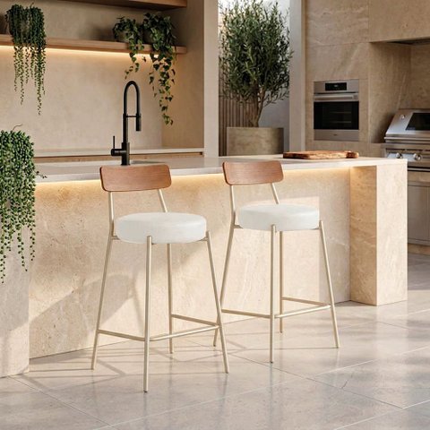 Banqueta Cozinha Média Encosto Castanho KIT2 Industrial Champanhe Londrina PU D03 - D'Rossi