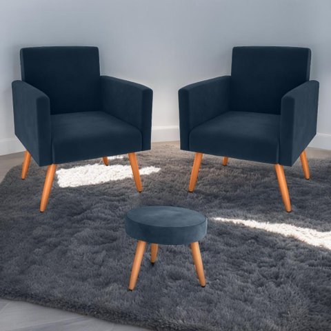 Jogo de Poltronas e Puff Austin Veludo Azul