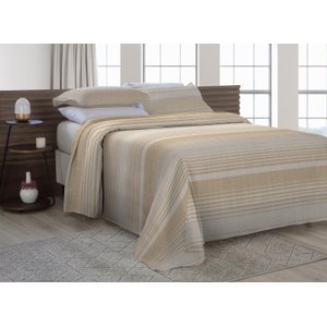 Kit Cobre Leito King Size Com Fronhas Em Piquet Algodão 3 Peças Listrado Bege e Palha