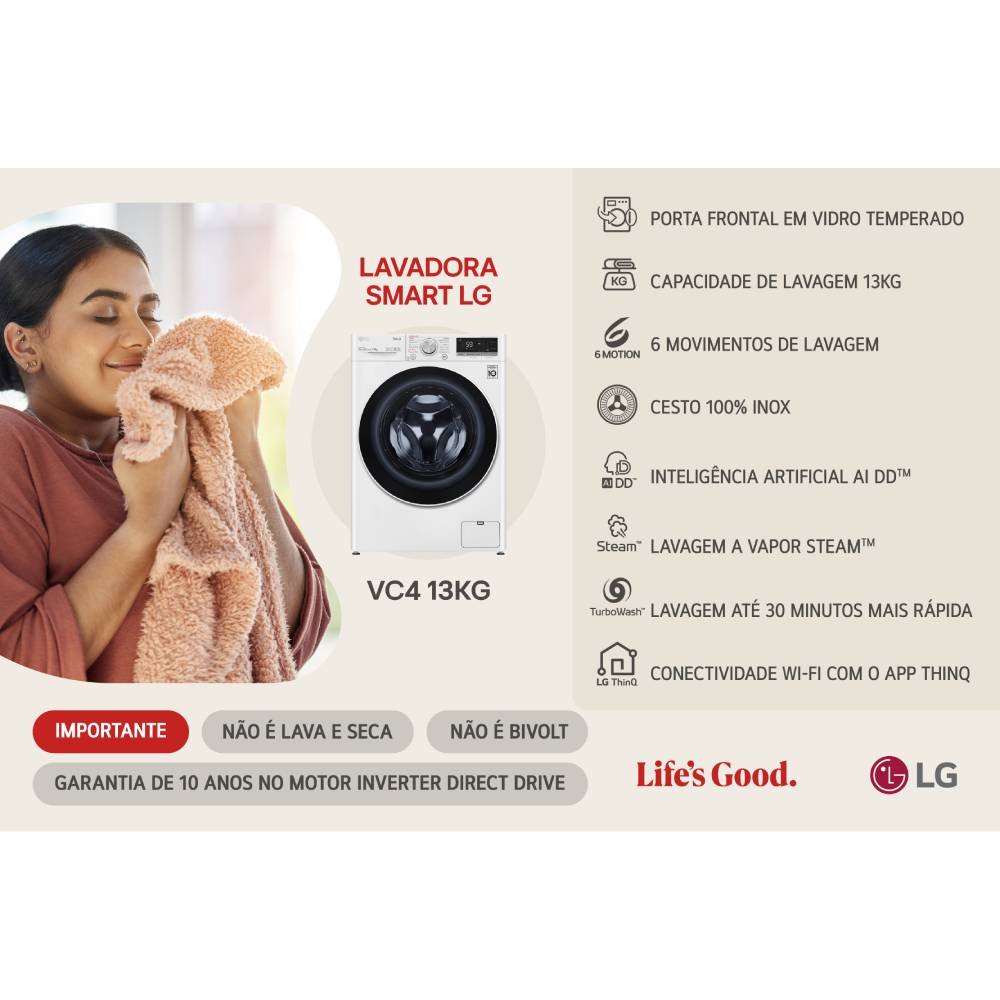 LAVADORA DE ROUPAS SMART LG 13KG 127V BRANCA COM INTELIGENCIA ARTIFICAL AIDDTM VC4 (FV5013WC4) - 5
