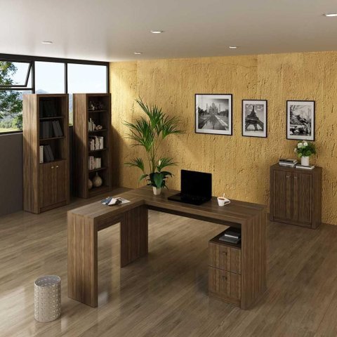 Kit Escritório Completo com Mesa em L Estantes e Balcão 4 Portas 2 Gavetas Nogal Tecno Mobili