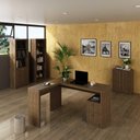 Ver imagem 1 de Kit Escritório Completo com Mesa em L Estantes e Balcão 4 Portas 2 Gavetas Nogal Tecno Mobili