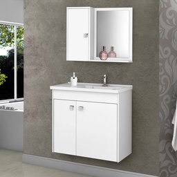 Kit Banheiro Gabinete 56cm Pia e Armário Com Espelho Munique Branco - Bechara - 2