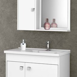 Kit Banheiro Gabinete 56cm Pia e Armário Com Espelho Munique Branco - Bechara - 3