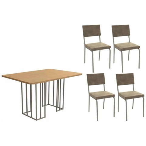 Sala de Jantar Completa Duina C/ Tampo de Madeira 136cm e 4 Cadeiras Zaria Niquel/freijo - Suede