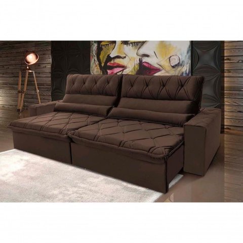 Sofá Retrátil Reclinável França 2,30m Suede Velut Marrom Molas no Assento - King House