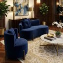 Ver imagem 1 de Conjunto 01 Poltrona + Sofá Curvo Orgânico Veludo Azul Marinho - Montanaris Decor