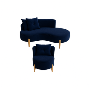 Conjunto 01 Poltrona + Sofá Curvo Orgânico Veludo Azul Marinho - Montanaris Decor