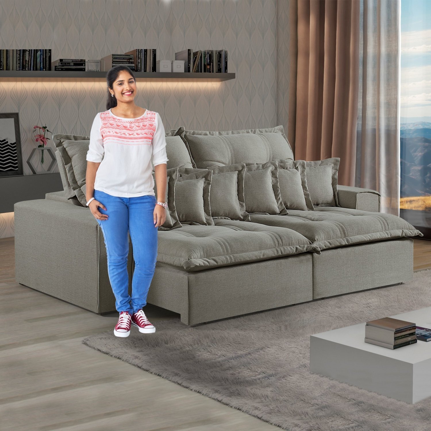 Sofá Retrátil e Reclinável 210cm com 6 Almofadas M144 - 10