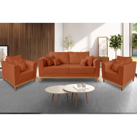 Kit Sofá 3 Lugares e 2 Poltronas Beny Viena Suede Terracota - Madeira Prima Deccor