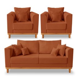 Kit Sofá 3 Lugares e 2 Poltronas Beny Viena Suede Terracota - Madeira Prima Deccor - 1