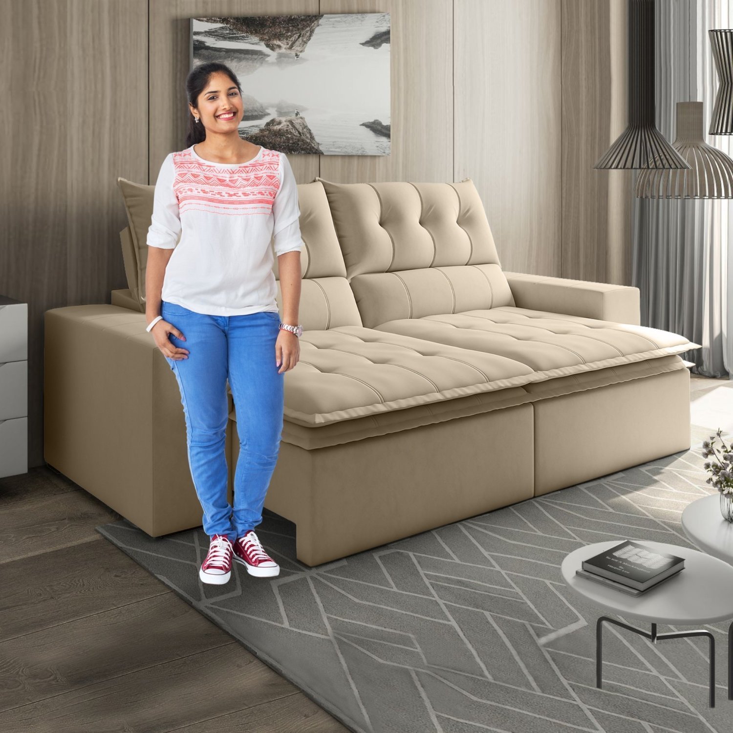 Sofá Retrátil e Reclinável 4 Lugares 250cm Pillow Top Duplo Base