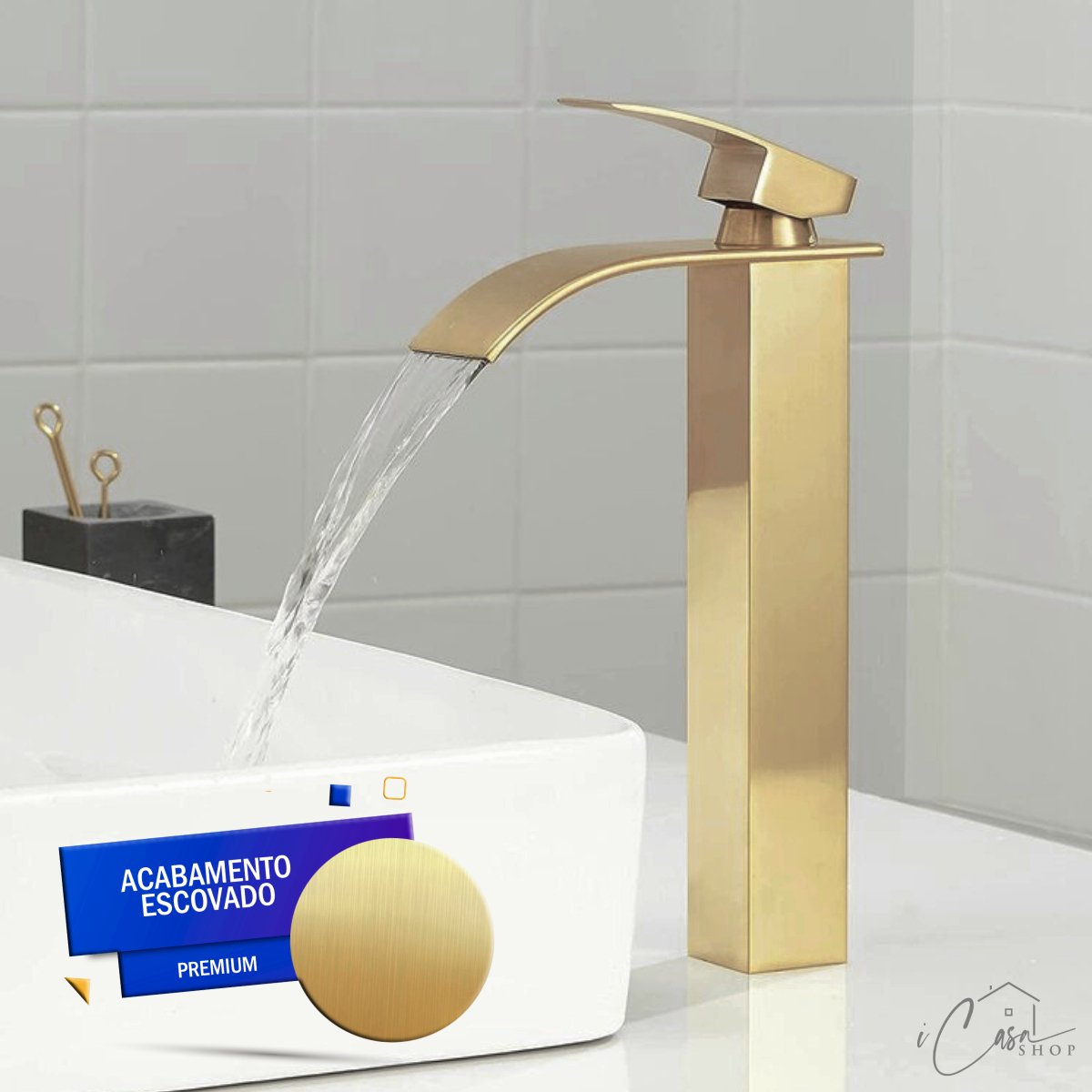 Torneira Banheiro Lavabo Cascata Alta Dourada Escovada Misturador Monocomando - 2