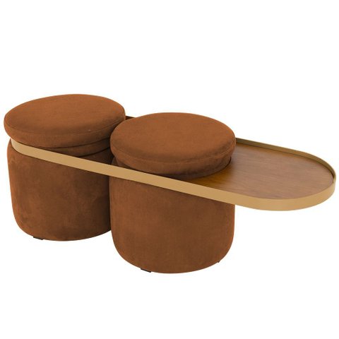 Puff Lynce com Mesa Auxiliar Aro Ouro Fosco Veludo Terracota - Nexta Casa