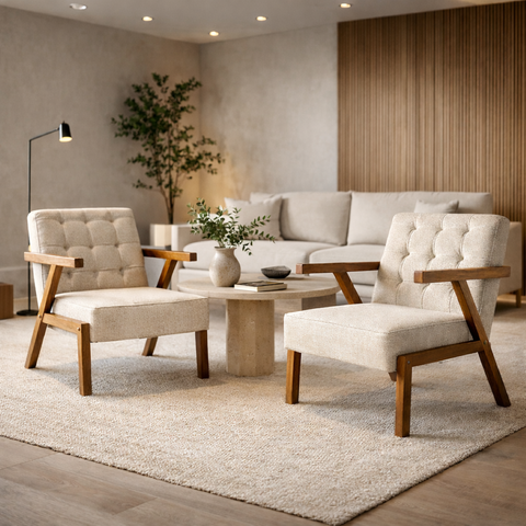 Kit 2 Poltronas Zara Capitone Tecido Boucle Moderna Decorativa Pés em Madeira Maciça para Sala de Es