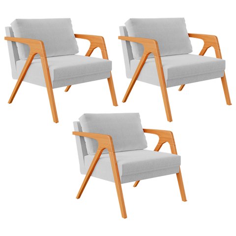 Kit 3 Poltronas Decorativa para Sala Estar Pietra Estrutura de Madeira L02 Linho Cinza - Lyam