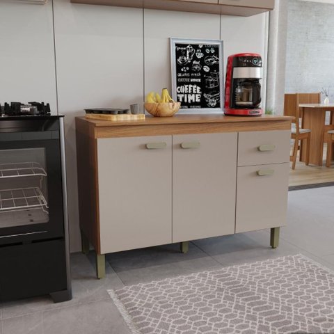 Balcão Modulado para Cozinha com Tampo Fidelitá Mariana 120cm 3 Portas 1 Gaveta Freijó/camurça