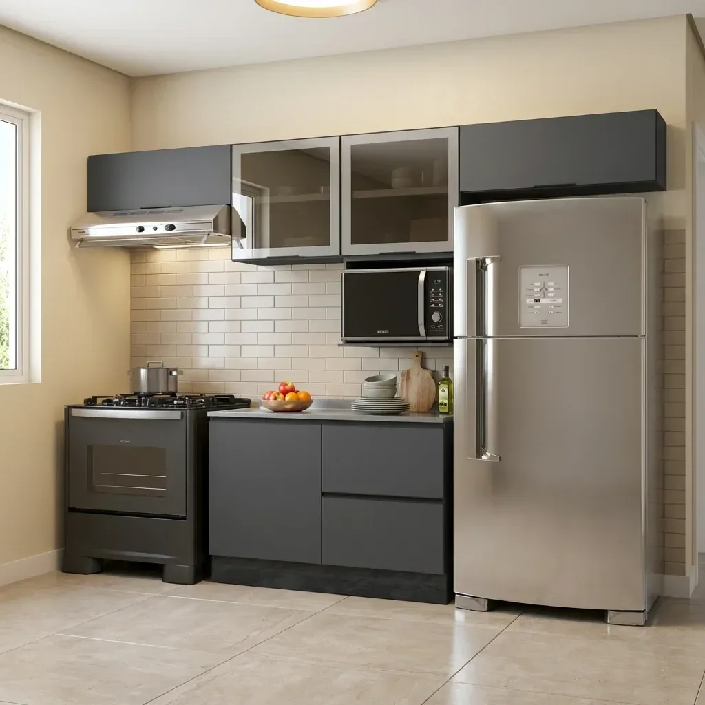 Cozinha Modulada 5 Peças 5 Portas 3 Gavetas com Nicho para Micro-ondas e Balcão para Pia Etna Grafite