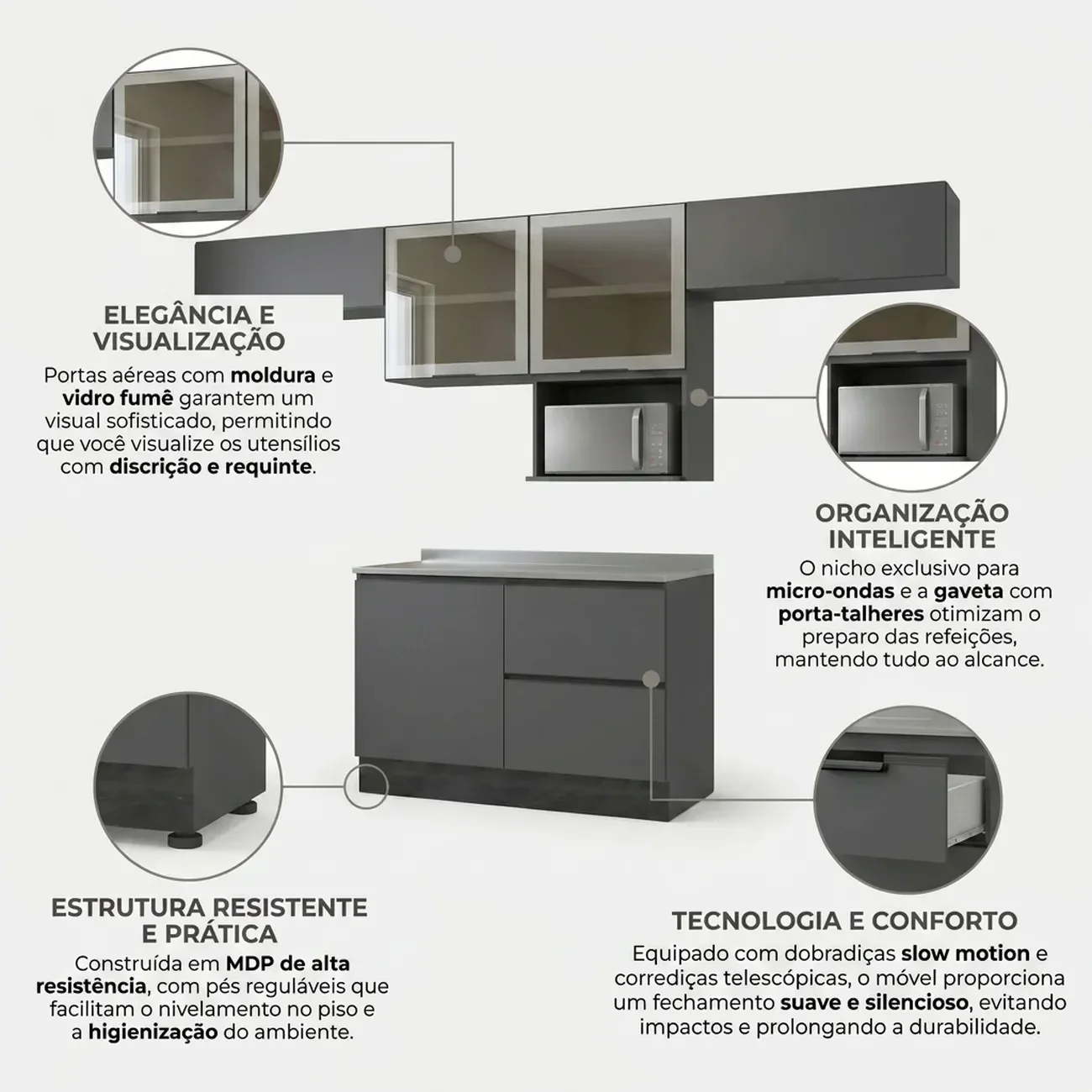 Ver imagem 6 de Cozinha Completa Modulada 5 Peças com Nicho para Micro-Ondas e Balcão para Pia sem Tampo Etna Grafite/Preto