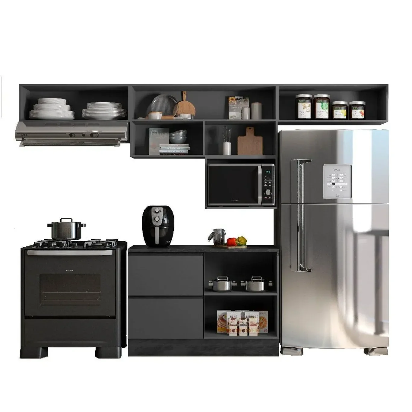 Ver imagem 5 de Cozinha Completa Modulada 5 Peças com Nicho para Micro-Ondas e Balcão para Pia sem Tampo Etna Grafite/Preto