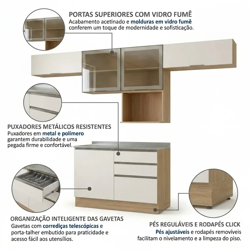 Ver imagem 7 de Cozinha Completa Modulada 5 Peças com Nicho para Micro-Ondas e Balcão para Pia sem Tampo Carvalho/Off White Bege