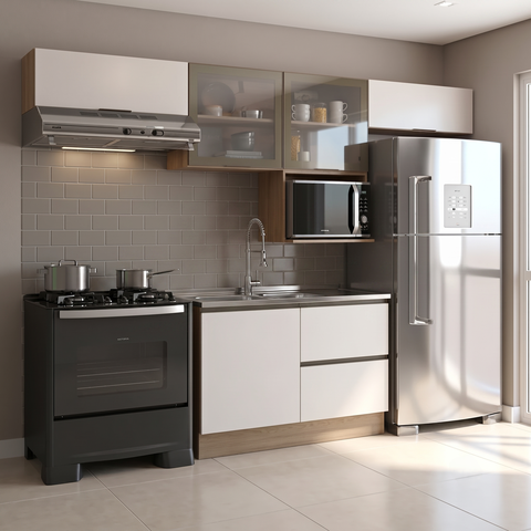 Cozinha Completa Modulada 5 Peças com Nicho para Micro-Ondas e Balcão para Pia sem Tampo Carvalho/Off White Bege