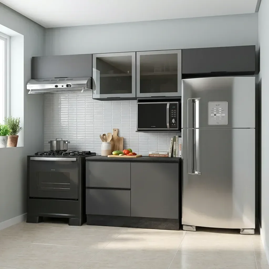 Ver imagem 1 de Cozinha Modulada 5 Peças com Nicho para Micro-Ondas e Balcão com Tampo 5 Portas 3 Gavetas Etna Grafite Preto
