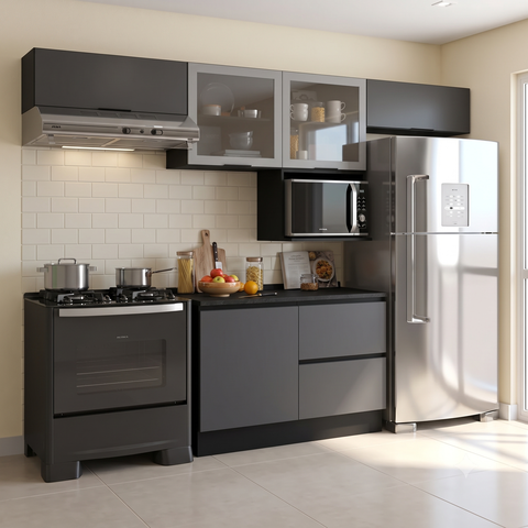 Cozinha Modulada 5 Peças com Nicho para Micro-Ondas e Balcão com Tampo 5 Portas 3 Gavetas Etna Grafite Preto