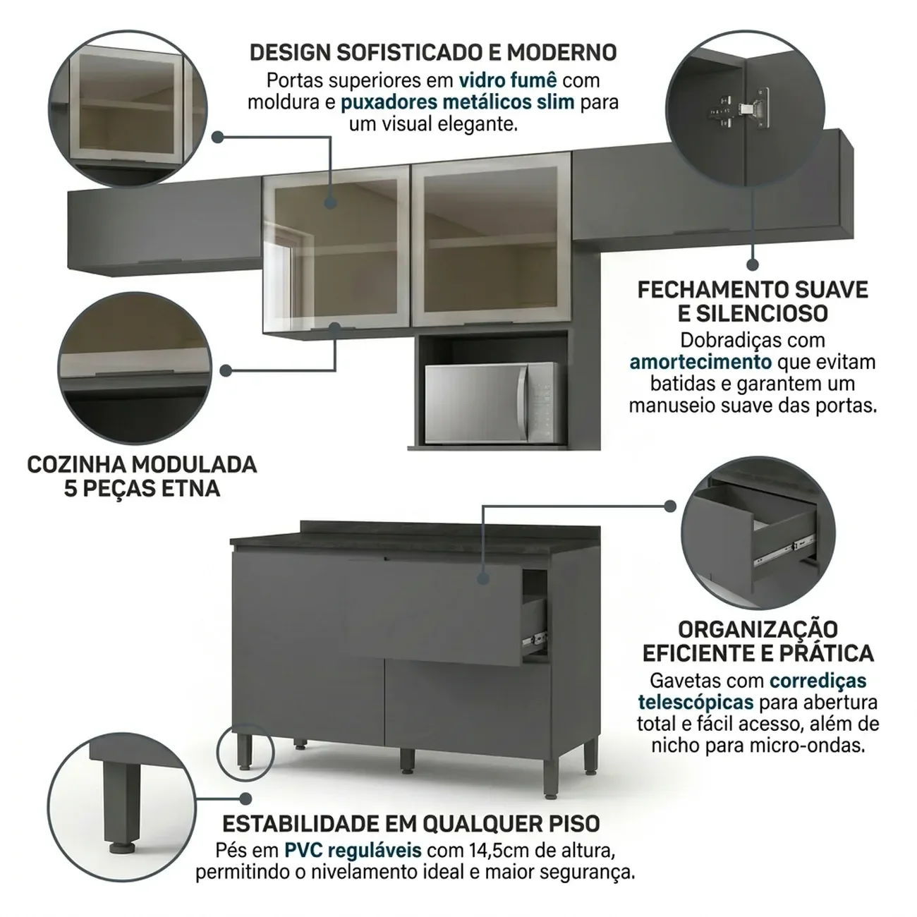 Ver imagem 6 de Cozinha Modulada 5 Peças com Nicho para Micro-Ondas e Balcão com Tampo 5 Portas 3 Gavetas Etna Grafite Preto