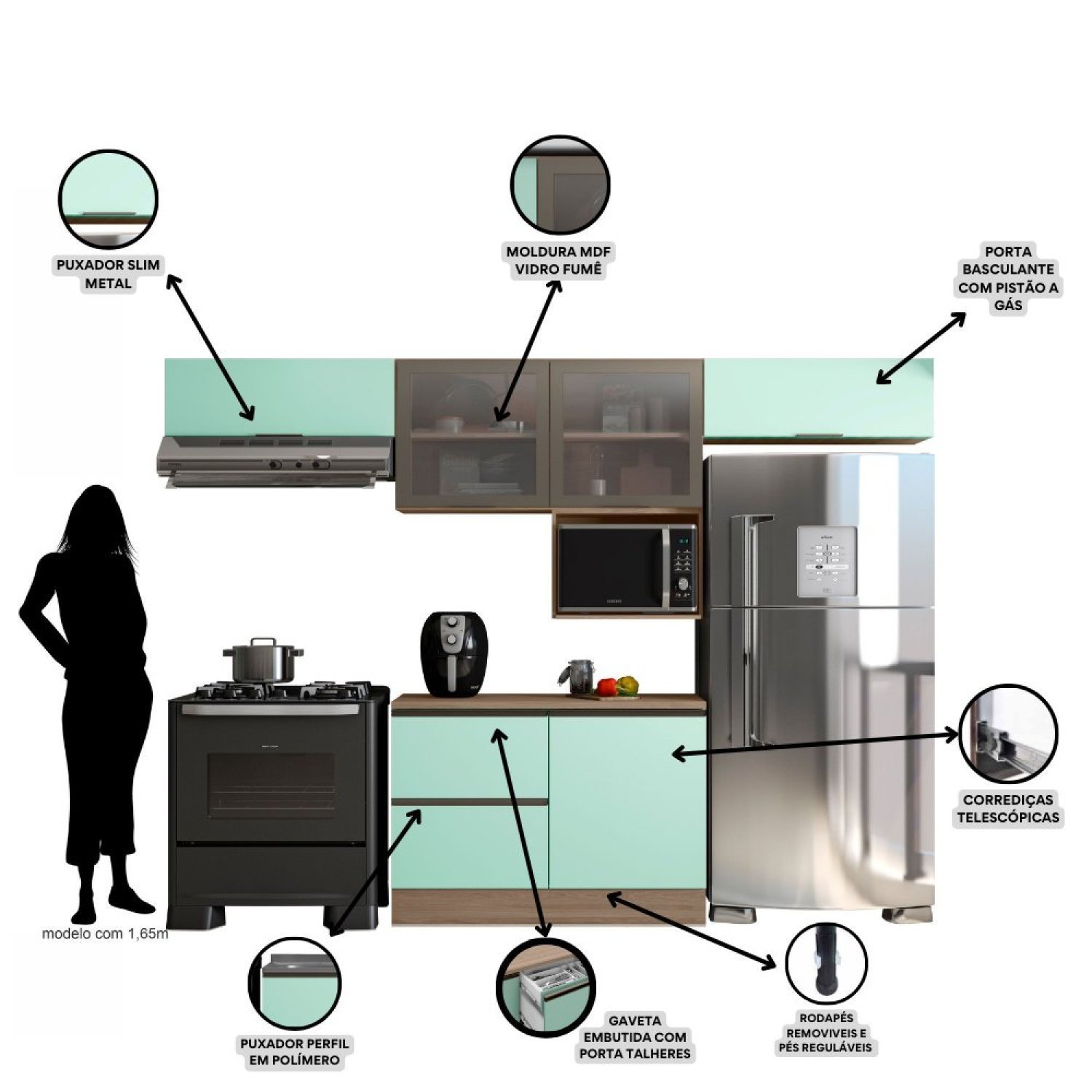 Cozinha Modulada 5 Peças 5 Portas 3 Gavetas Balcão com Tampo Etna - 5