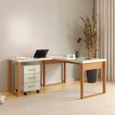 Ver imagem 1 de Mesa de Escritório em L Mesa de Escritório em L Industrial 3 Gavetas MDF 135cm Off White com Freij