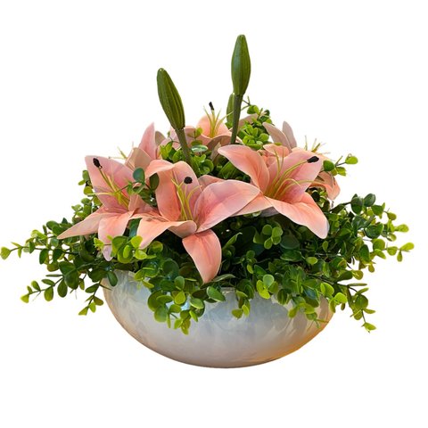 Arranjo Grande Centro Mesa Lírio Rosa Artificial Vaso Branco Decore Fácil Shop